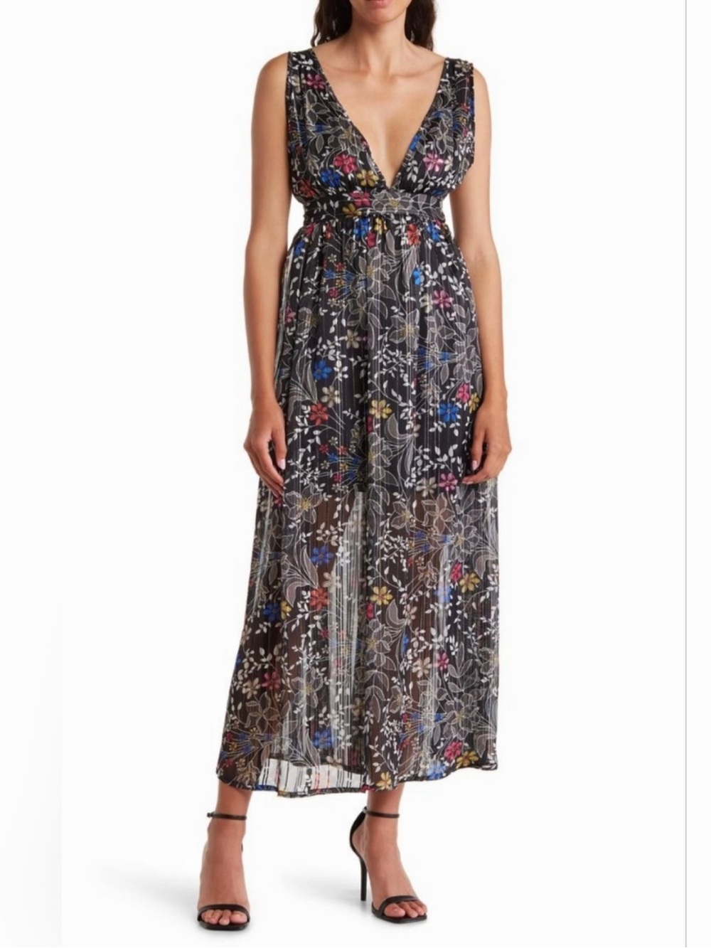 RAGA Black Floral Metallic Plunge Neckline Sleeveless Maxi Dress NEW - Small